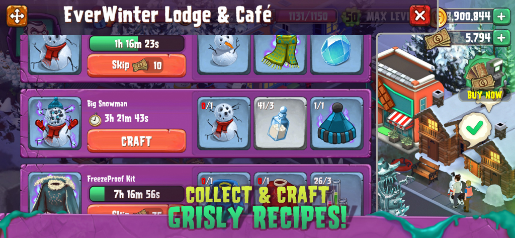 Goosebumps Horror Town - EverWinter Lodge and Cafe crafting menu in Goosebumps HorrorTown showing recipes for a Big Snowman and FreezeProof Kit