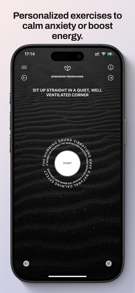 BreatheIn: Calm Breathing - BreatheIn app interface showing instructions for the Bhramari Pranayama breathing exercise