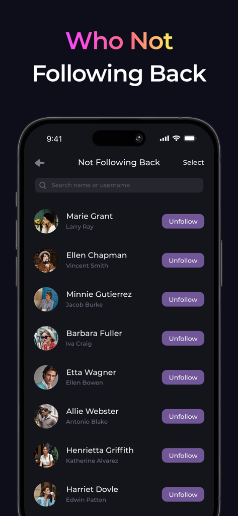 Reports+ for Followers Tracker - Reports plusアプリの画面。インスタグラムでフォローバックしていないユーザーのリストを表示しています。