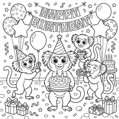 Get ready for a wild celebration with this charming marmoset birthday party coloring page! Kids will love bringing these festive little monkeys and their party scene to life with vibrant colors.