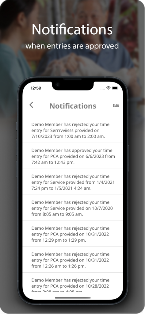 Time4Care - Time4Care app screen showing a list of notifications for timesheet approvals and rejections