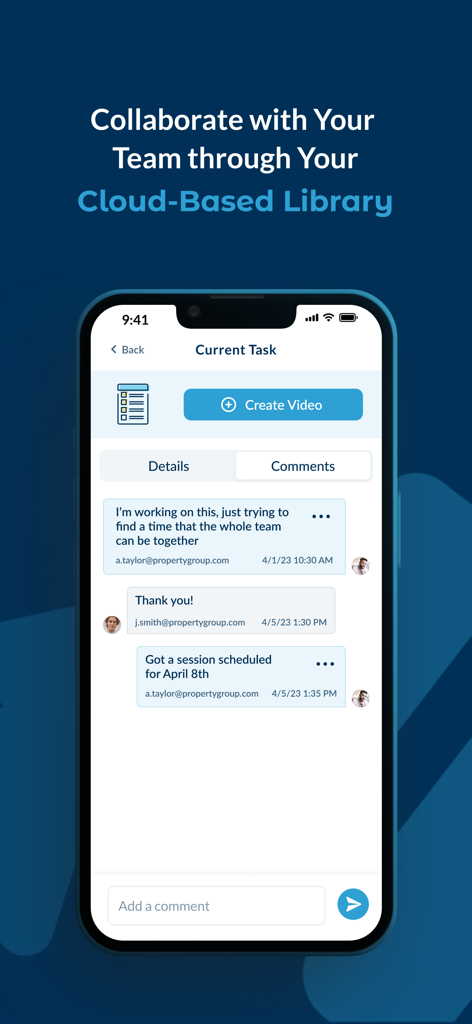 Realync Video Leasing - Schermata dell'app Realync che mostra i membri del team che collaborano tramite commenti e una libreria basata su cloud su un progetto immobiliare.