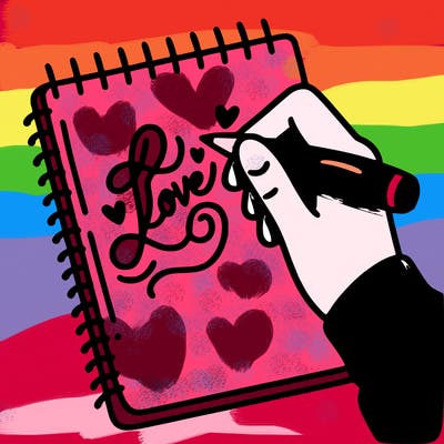 a hand writing “love” in calligraphy on a notebook