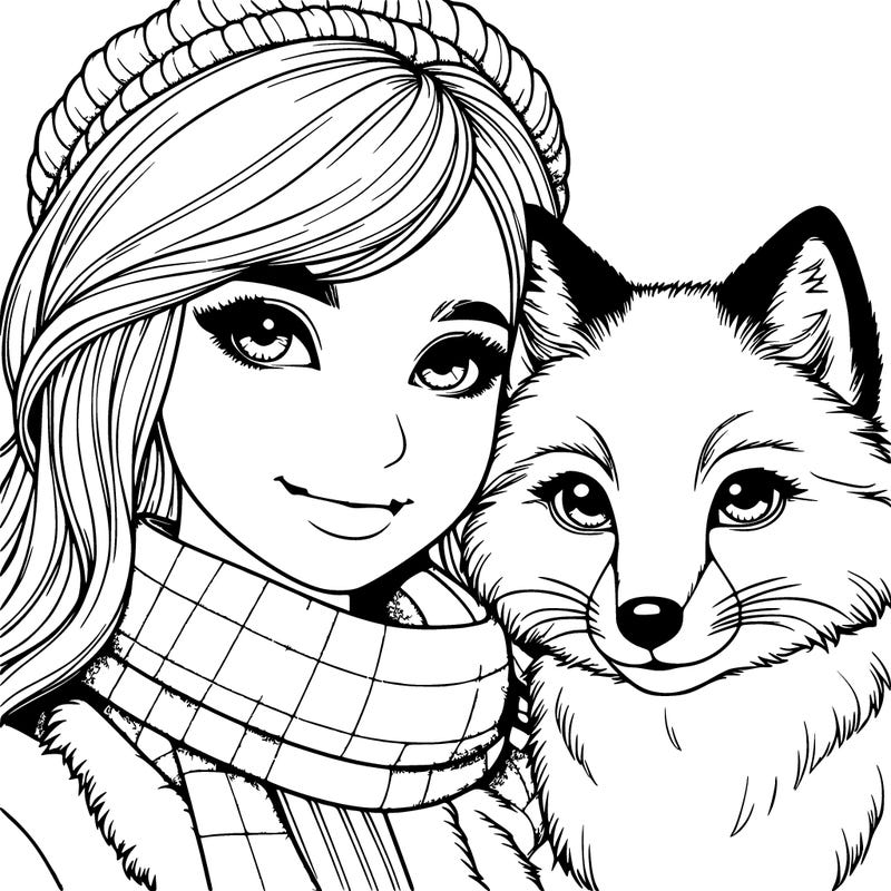 realistic girl with a snow fox