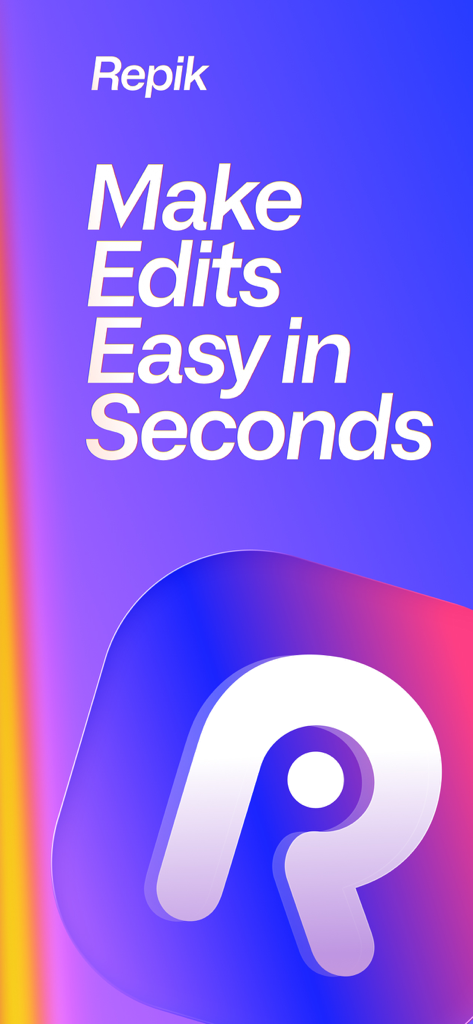 Repik - AI Photo Retouch & Fix - Repik AI photo editor app splash screen with logo and slogan Make Edits Easy in Seconds