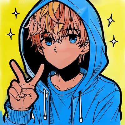 teenage manga boy in a hoodie, doing ✌