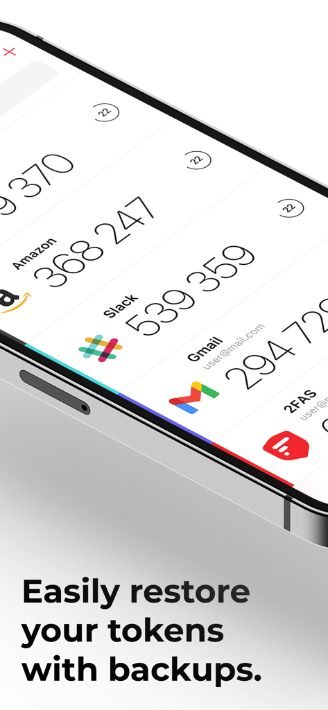 2FA Authenticatorアプリのインターフェース、セキュリティコードとバックアップ機能を表示