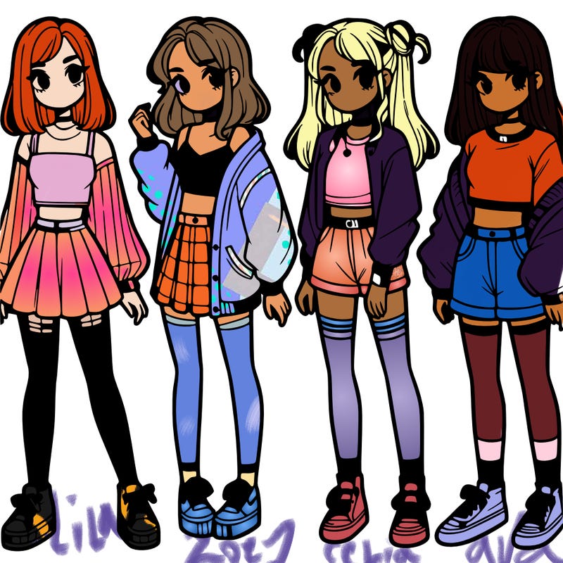 one girl with crop-top shirt and a jacket with a skirt, long socks and another girl with a shirt and pants with a jacket