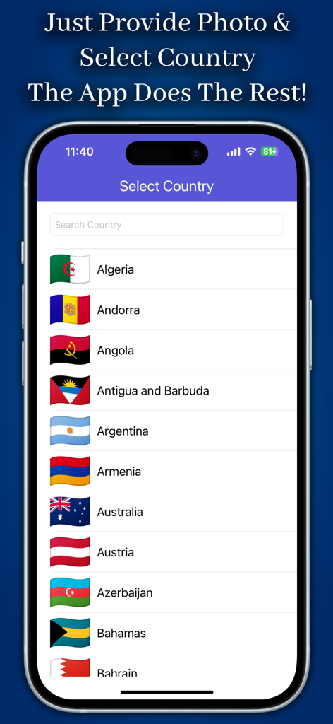 Easy Passport & ID Photo Maker - A mobile app screen showing a list of countries with flags for selecting passport and ID photo requirements.