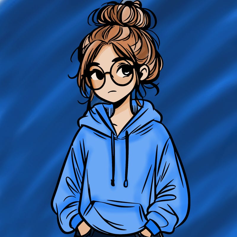 teen girl with a messy bun and glasses wearing a loose hoodie and jeans