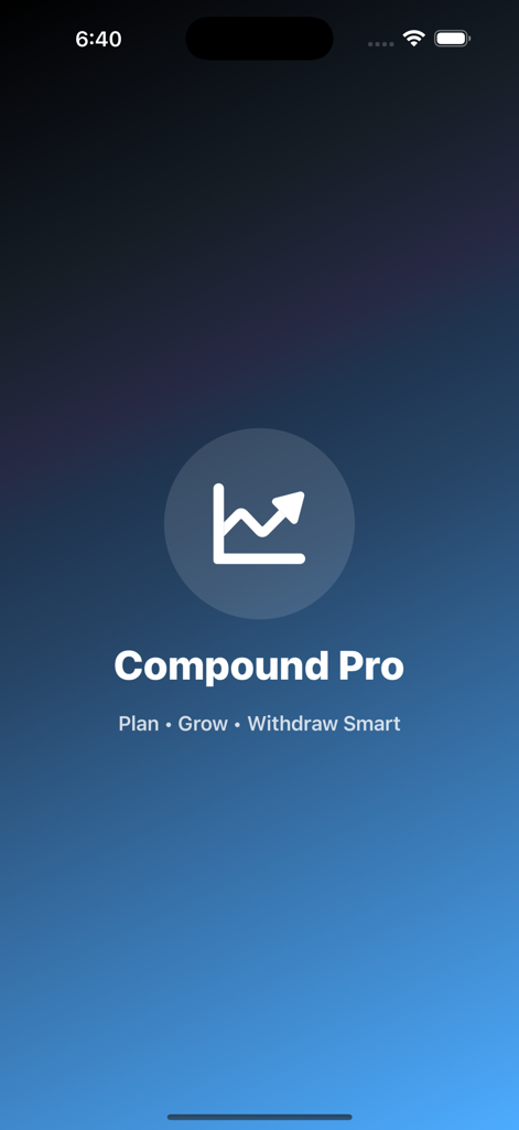 Compound Interest Calculator ・ - Pantalla de presentación de la aplicación Compound Pro con un icono de crecimiento y un eslogan de planificación financiera