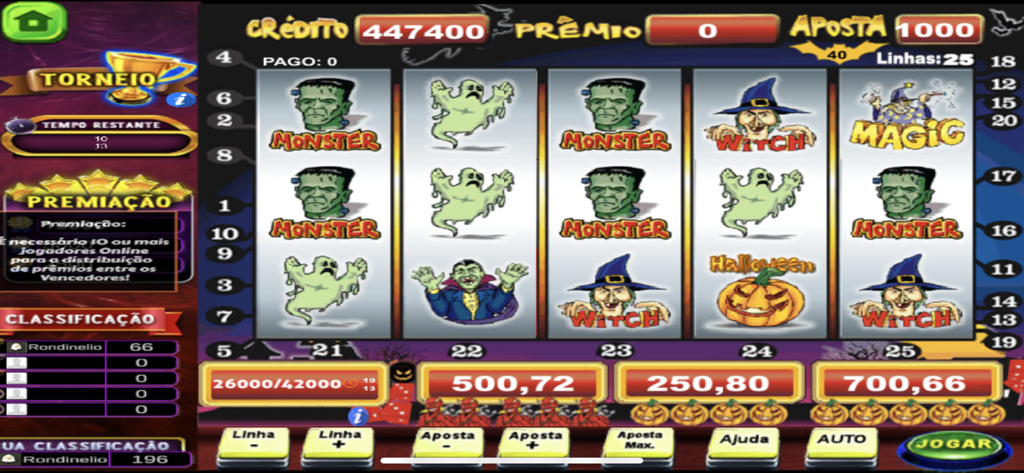 Halloween Slots & Bingo Online - Interface classique de machine à sous sur le thème d'Halloween avec des symboles de monstres et de sorcières.