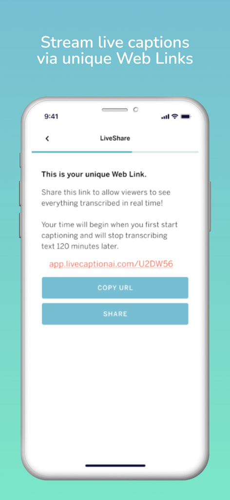 Live Caption AI - A mobile interface showing a unique web link to share live AI-generated captions in real time.