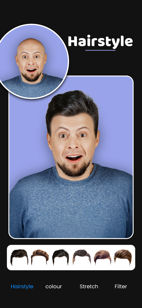 Man Hair Style Editor : Smarty - Man hair style editor app preview showing virtual hair makeover feature