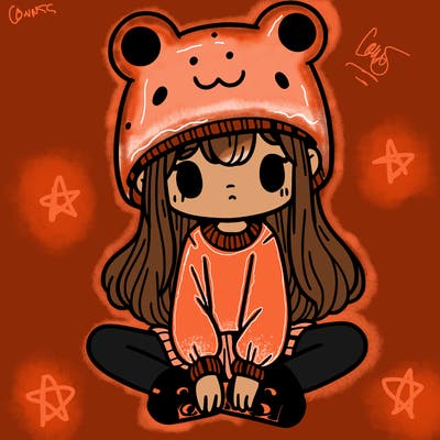 a girl wearing a frog hat and some frog socks