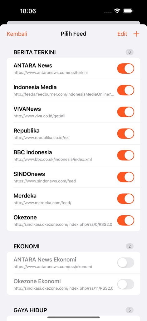 Interface of the Indonesia Berita News app showing a list of news sources with toggle switches for feed management