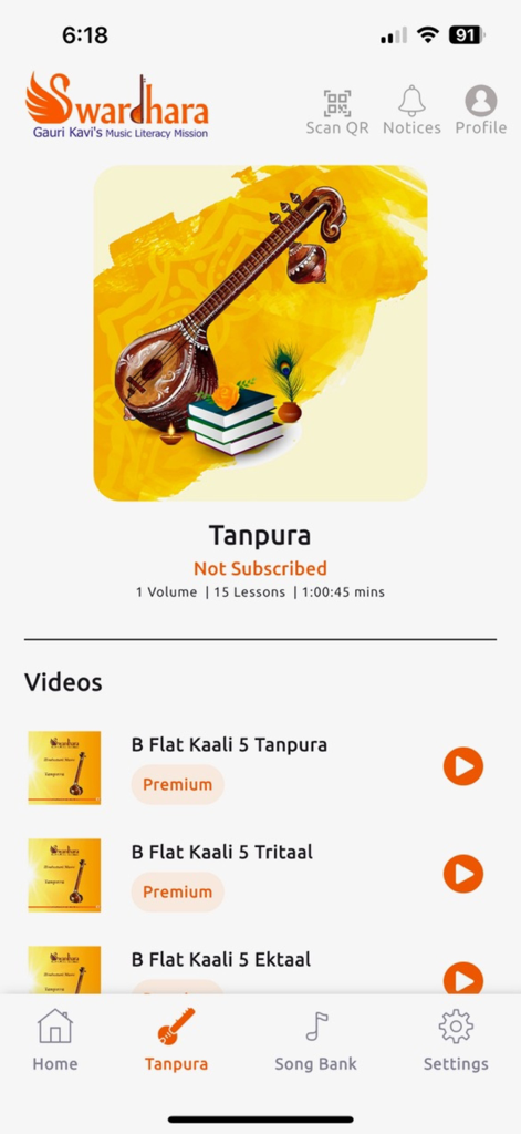 Swardhara - Interfaz de la aplicación Swardhara para lecciones en video de Tanpura
