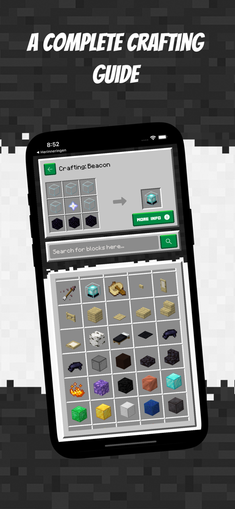 Guide for Minecraft Ultimate - Minecraft guide app showing the crafting recipe for a beacon and a grid of game items.