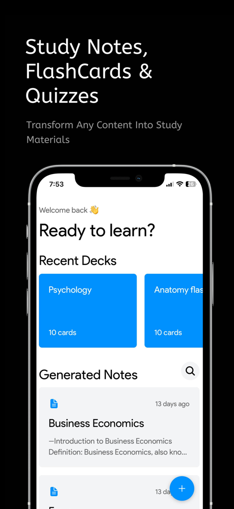 Cramly AI - Study Companion - Interface do aplicativo Cramly AI mostrando notas de estudo e baralhos de flashcards em um iPhone