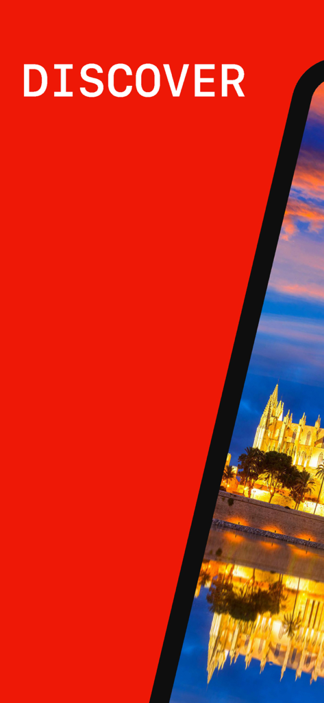 Bildschirm der Mallorca Reiseführer-App mit dem Wort Entdecken und einem Foto der Kathedrale von Palma bei Nacht.