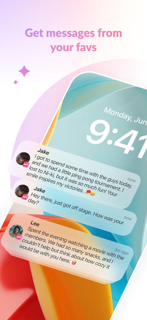 Yano AI- Bring my Favs to Life - Smartphone lock screen displaying incoming push notifications from AI characters Jake and Lee