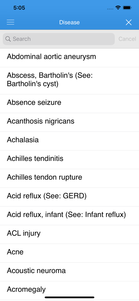 Learn Drug, Medical Dictionary - Searchable alphabetical list of medical diseases and disorders in the app interface