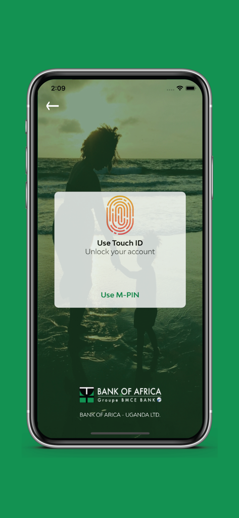 Login screen of BOA Mobile Wallet app with Touch ID authentication prompt