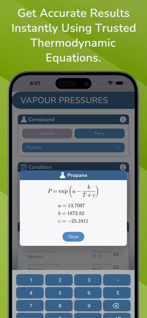 Smartphone screen showing the Antoine equation and constants for propane in the Vapour Pressures app