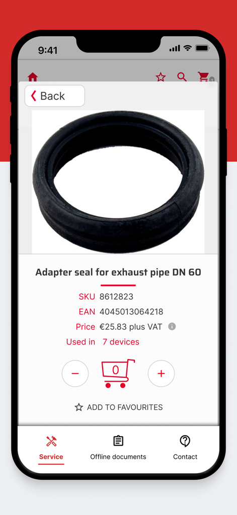 WOLF Service App - Produktseite in der WOLF Service App für eine Abgasrohradapterdichtung, einschließlich Artikelnummer und Preisinformationen.