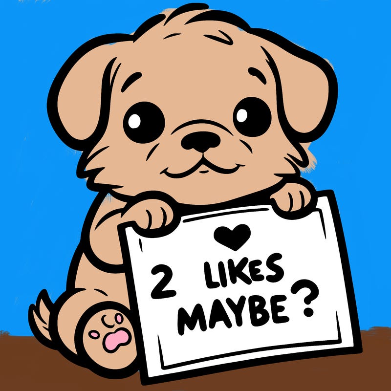 a puppy holding a sign that says 2 likes maybe?