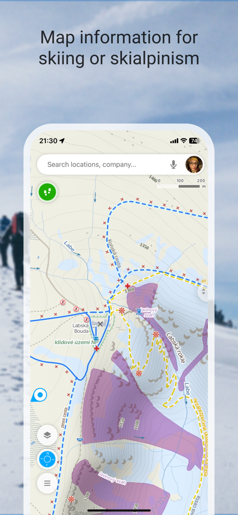 Offline skiing and skialpinism navigation map in the Mapy.com app