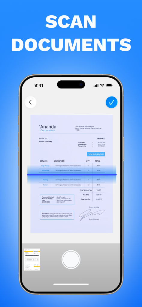 Smart Printer - Scanner PDF - Pantalla del iPhone mostrando la función de escaneo de documentos de la aplicación Smart Printer