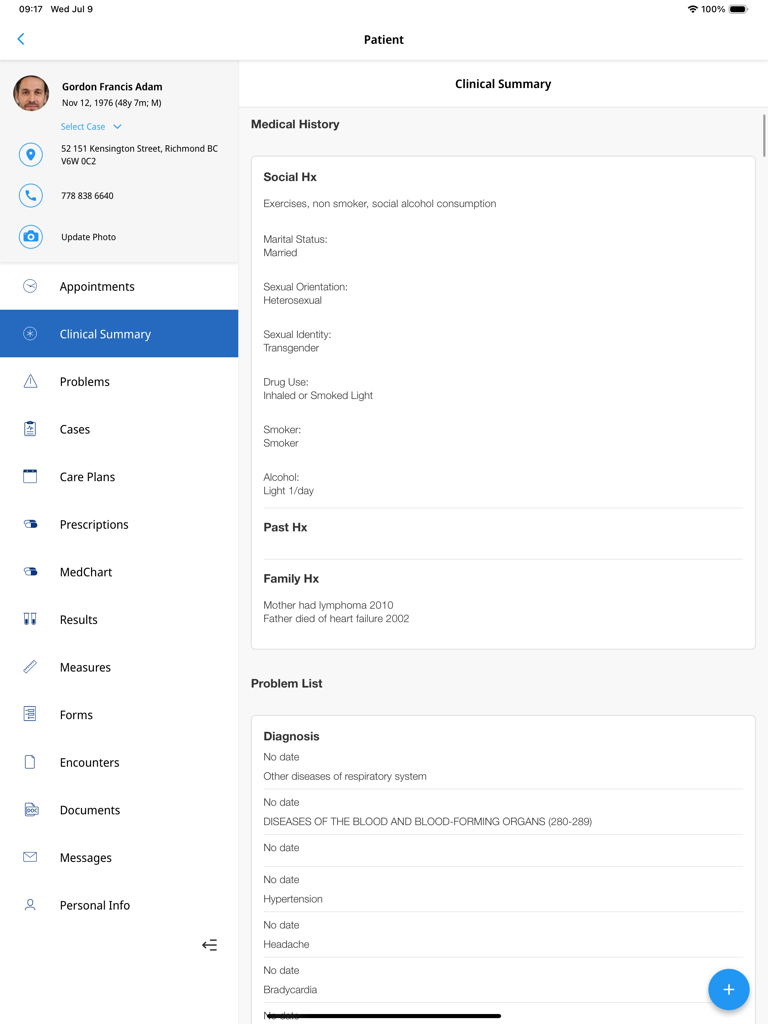 Profile hCare - Profile hCare iPad interface showing patient medical history and clinical summary