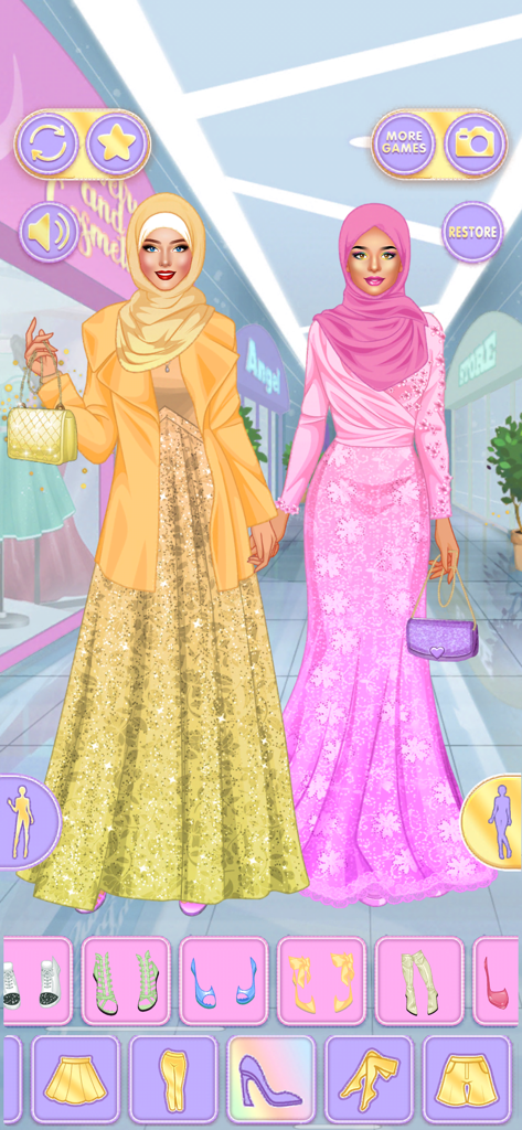 Pastel Sisters Dress Up Games - Two girls wearing hijabs and elegant long gowns in a mall-themed dress-up game interface