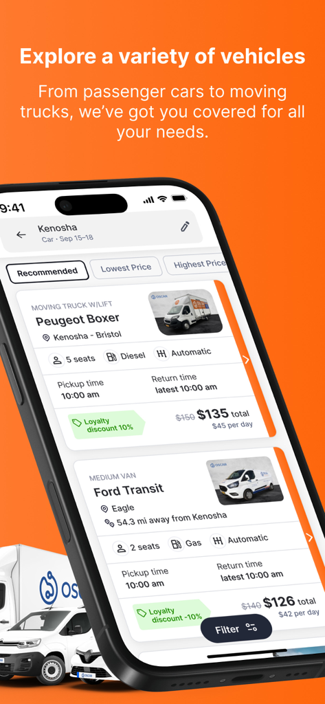 Oscar Car Rental - Oscar Car Rental app interface displaying rental options for moving trucks and vans with loyalty discounts and pricing details