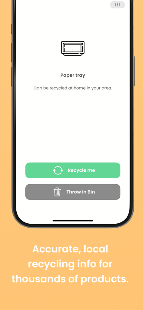 Horizon Nachhaltigkeits-Scanner-App-Oberfläche, die lokale Recyclinganweisungen für eine Papierschale mit Optionen zum Recycling und zur Entsorgung im Behälter anzeigt