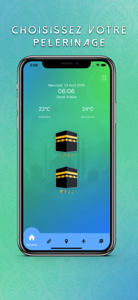 Omra and Hajj app home screen showing pilgrimage selection icons and weather info