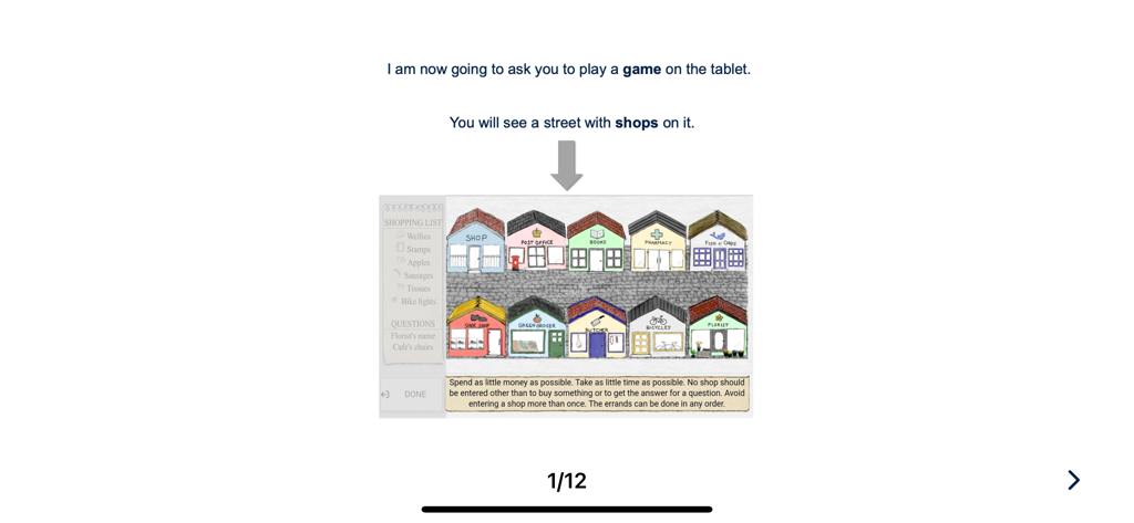 OxMET - Instructions for the OxMET shopping task showing a virtual street with various shops for cognitive assessment.