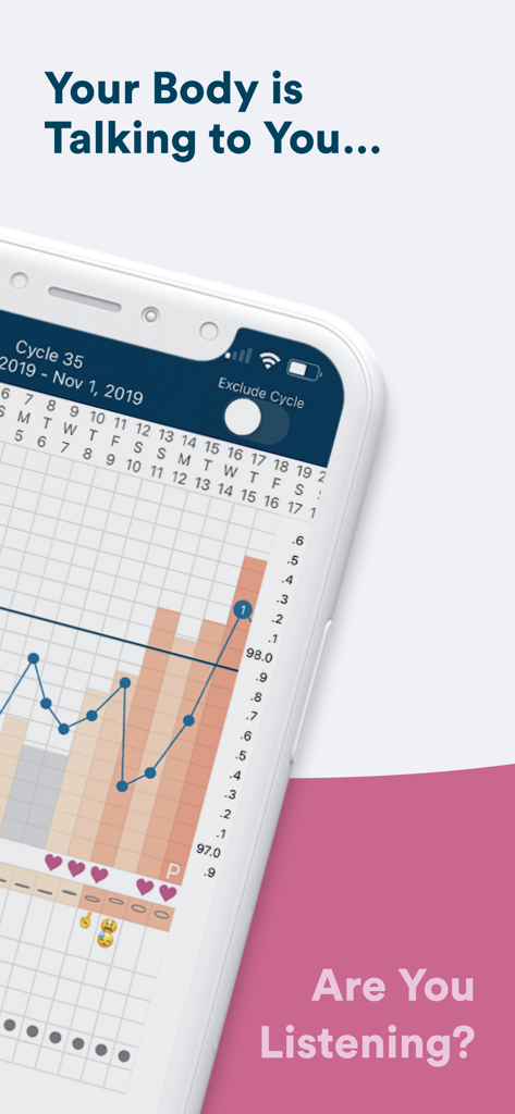 A smartphone screen showing a detailed fertility and basal body temperature chart in the Kindara app