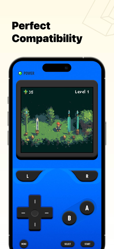 RetroHub app interface showing a retro adventure game on a virtual blue handheld console