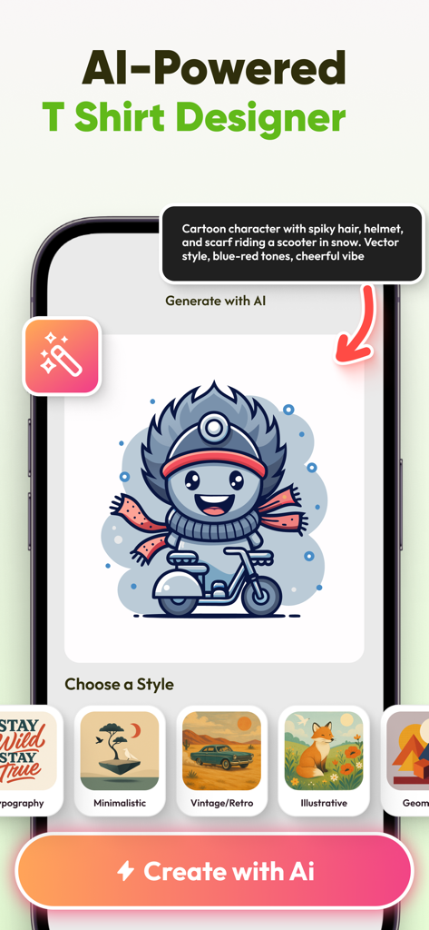 T-Shirt Designer & Printer - プロンプト入力と生成されたキャラクターイラストを備えたAI Tシャツデザインツールのモバイル画面。