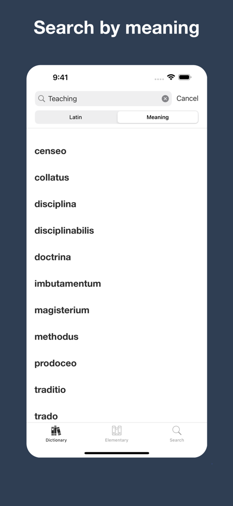 Latin Dictionary Lewis & Short - Search by meaning feature in the Lewis and Short Latin Dictionary app showing results for the word teaching
