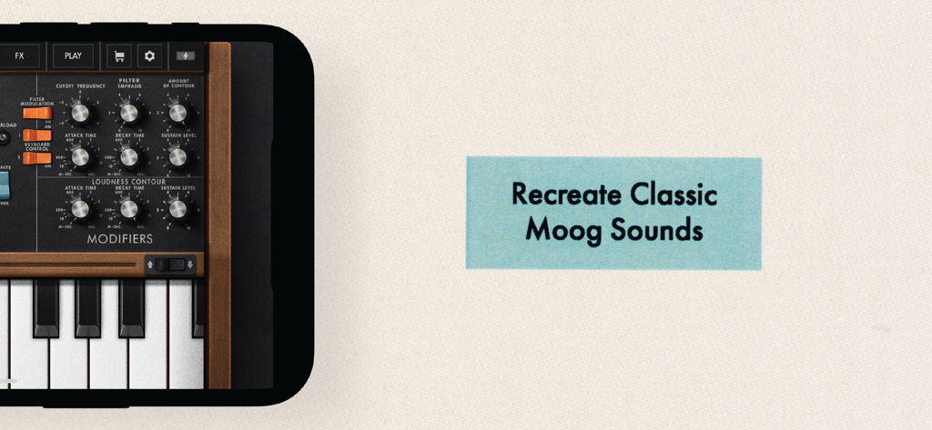 Smartphone displaying the Minimoog Model D synthesizer app with text stating Recreate Classic Moog Sounds