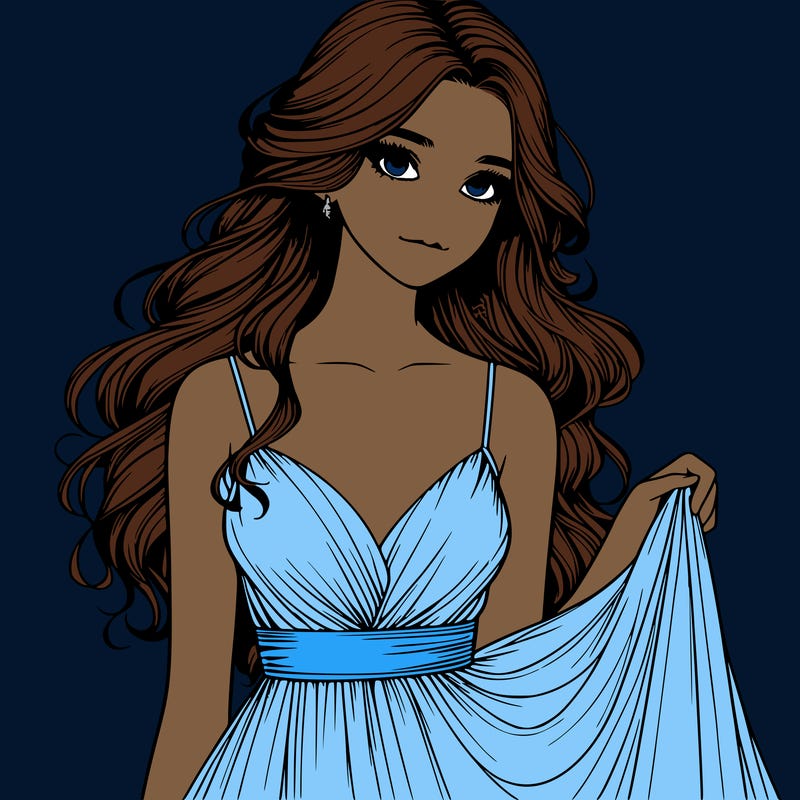 realistic girl in flowy silky prom dress