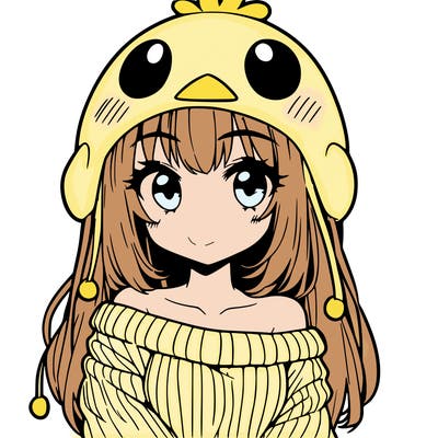anime girl with chick shaped hat with sweater with bare shoulders with bangs covering them one eye with low tail