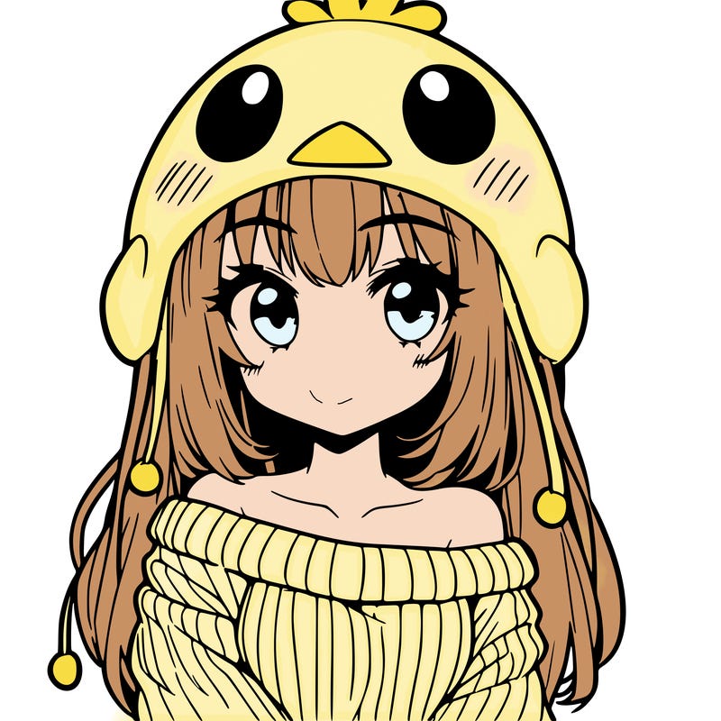 anime girl with chick shaped hat with sweater with bare shoulders with bangs covering them one eye with low tail