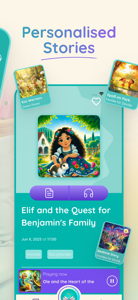 StoryWonderアプリのインターフェース。Elif and the Quest for Benjamins Familyというタイトルの特集ストーリーを含む、パーソナライズされた子供向けオーディオストーリーを表示しています