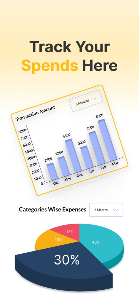 YPay: Card & Payments - YPay app spend analyzer with bar and pie charts for tracking expenses
