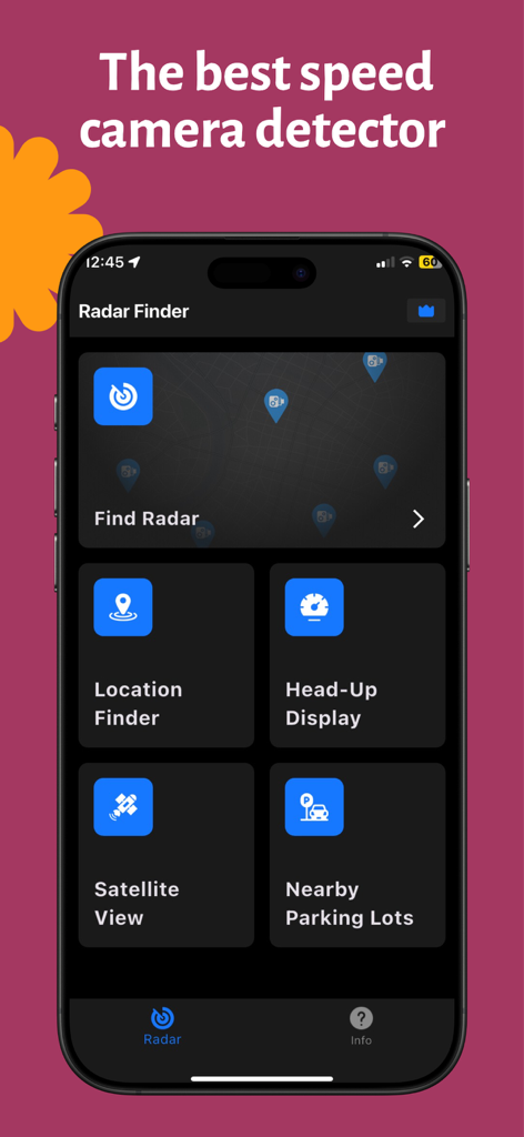Haupt-Dashboard der Radar Detector App, das die Funktionen Radar finden, Head-Up-Display und Ortungsfinder anzeigt