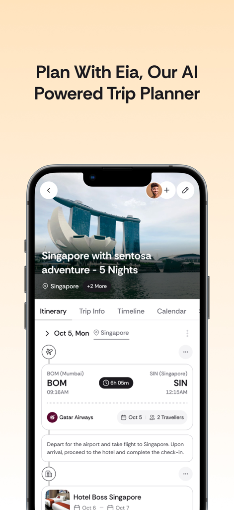 Alike Travel - Alike Travel app screen showing an AI powered trip planner with a Singapore itinerary